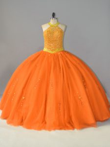 Orange Sleeveless Floor Length Beading Lace Up 15th Birthday Dress