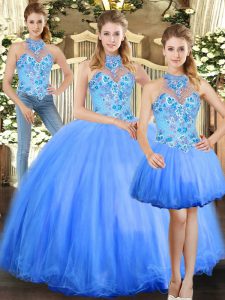 Blue Halter Top Lace Up Embroidery Quinceanera Dress Sleeveless
