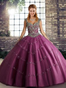 Fuchsia Tulle Lace Up Straps Sleeveless Floor Length Quinceanera Dress Beading and Appliques