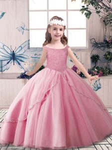 Cheap Rose Pink Lace Up Girls Pageant Dresses Beading Sleeveless Floor Length