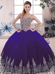 Modest Sleeveless Tulle Floor Length Lace Up Quinceanera Gowns in Purple with Beading and Embroidery