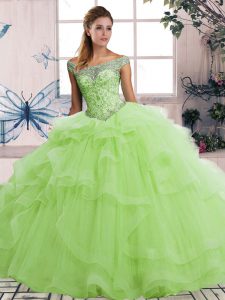 Yellow Green Off The Shoulder Lace Up Beading and Ruffles Quinceanera Gowns Sleeveless