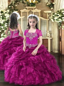 Fuchsia Ball Gowns Straps Sleeveless Organza Floor Length Lace Up Beading and Ruffles Little Girls Pageant Gowns