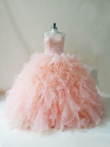 Peach Scoop Lace Up Beading and Ruffles 15 Quinceanera Dress Sleeveless