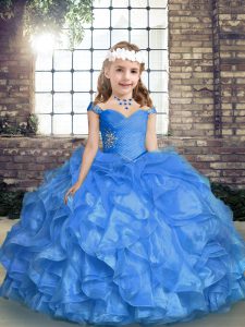 Beauteous Blue Lace Up Straps Beading and Ruffles and Ruching Girls Pageant Dresses Organza Sleeveless