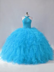 Super Floor Length Blue Quinceanera Dress Halter Top Sleeveless Lace Up