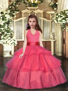 Best Coral Red Organza Lace Up Kids Formal Wear Sleeveless Floor Length Ruffled Layers