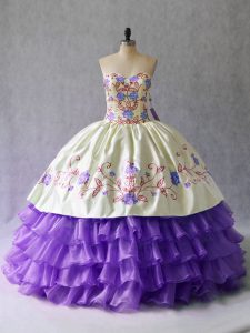 Latest Lavender Ball Gowns Embroidery and Ruffled Layers Quince Ball Gowns Lace Up Organza Sleeveless Floor Length