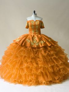 Lovely Sleeveless Organza Floor Length Lace Up Vestidos de Quinceanera in Gold with Embroidery and Ruffled Layers