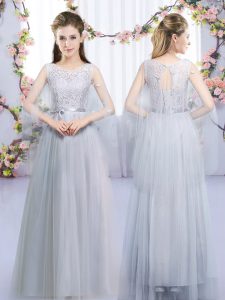 Fantastic Grey Empire Tulle Scoop Sleeveless Lace and Belt Floor Length Lace Up Court Dresses for Sweet 16