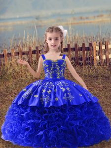 Royal Blue Sleeveless Sweep Train Embroidery Little Girls Pageant Gowns