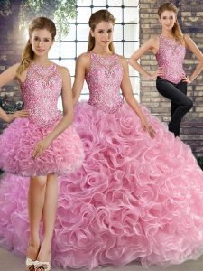 Floor Length Rose Pink Sweet 16 Quinceanera Dress Fabric With Rolling Flowers Sleeveless Beading