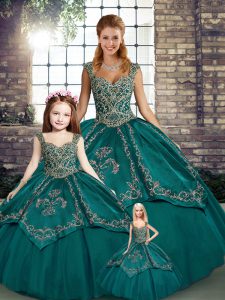 Adorable Tulle Straps Sleeveless Lace Up Beading and Embroidery Sweet 16 Dresses in Teal
