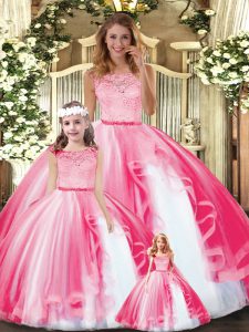 Glittering Hot Pink Clasp Handle Sweet 16 Quinceanera Dress Lace and Ruffles Sleeveless Floor Length
