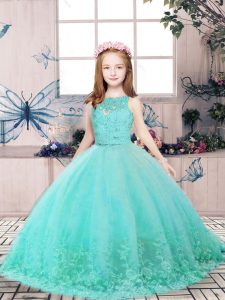 Scoop Sleeveless Little Girls Pageant Dress Wholesale Floor Length Lace and Appliques Aqua Blue Tulle