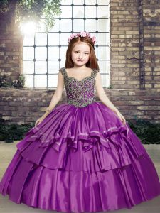 Graceful Floor Length Purple Little Girls Pageant Gowns Straps Sleeveless Lace Up
