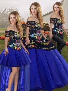 Off The Shoulder Sleeveless Sweet 16 Dress Floor Length Embroidery Royal Blue Tulle