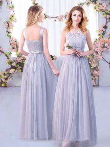 Floor Length Grey Court Dresses for Sweet 16 Tulle Sleeveless Lace and Belt