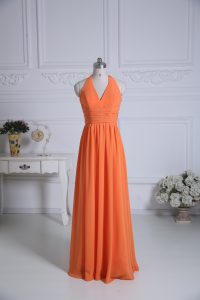 Dynamic Floor Length Orange Vestidos de Damas Chiffon Sleeveless Ruching
