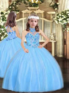 Baby Blue Ball Gowns Appliques Custom Made Pageant Dress Lace Up Tulle Sleeveless Floor Length