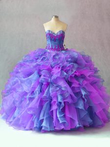 Flirting Sweetheart Sleeveless Organza Teens Party Dress Beading and Appliques and Ruffles Lace Up