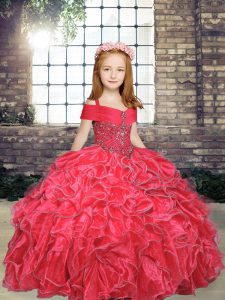 Attractive Ball Gowns Little Girls Pageant Dress Wholesale Red Straps Organza Sleeveless Floor Length Lace Up