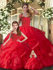 Customized Red Ball Gowns Tulle Halter Top Sleeveless Ruffles Floor Length Lace Up Quinceanera Dress