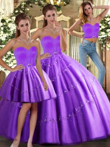 Ball Gowns Vestidos de Quinceanera Purple Sweetheart Tulle Sleeveless Floor Length Lace Up