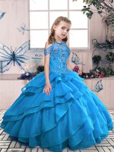 Fashion Beading and Ruffles Kids Formal Wear Aqua Blue Lace Up Sleeveless Floor Length