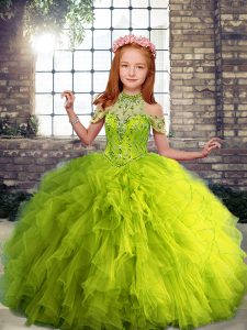 New Style Floor Length Yellow Green Girls Pageant Dresses High-neck Sleeveless Lace Up
