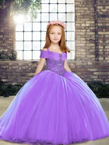 Sleeveless Beading Lace Up Pageant Dress for Womens with Lavender Brush Train