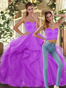Customized Lilac Tulle Lace Up Sweetheart Sleeveless Floor Length Quince Ball Gowns Ruffles