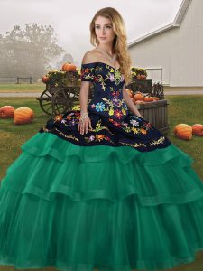 Green Sleeveless Tulle Brush Train Lace Up Quinceanera Gowns for Military Ball and Sweet 16 and Quinceanera