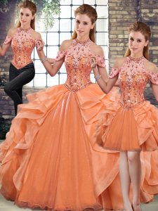 Floor Length Orange Sweet 16 Dresses Organza Sleeveless Beading and Ruffles
