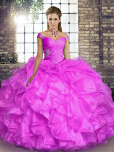 Most Popular Off The Shoulder Sleeveless Organza Quinceanera Dress Beading and Ruffles Lace Up