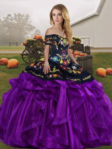 Black And Purple Organza Lace Up Quinceanera Dress Sleeveless Floor Length Embroidery and Ruffles