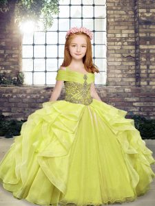 Ball Gowns Child Pageant Dress Yellow Green Straps Organza Sleeveless Floor Length Lace Up