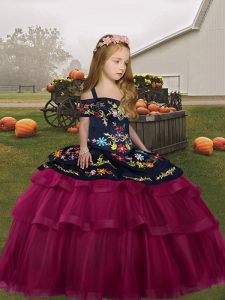 Custom Design Fuchsia Ball Gowns Embroidery and Ruffled Layers Kids Formal Wear Lace Up Tulle Sleeveless Floor Length