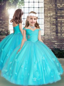 Aqua Blue Sleeveless Beading and Hand Made Flower Floor Length High School Pageant Dress