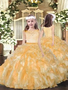 Ball Gowns Girls Pageant Dresses Gold Scoop Organza Sleeveless Floor Length Zipper