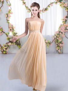 Most Popular Peach Sleeveless Sweep Train Beading Court Dresses for Sweet 16
