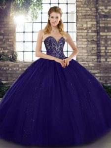 Pretty Sweetheart Sleeveless Quinceanera Gowns Floor Length Beading Purple Tulle