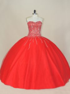 Sweetheart Sleeveless Sweet 16 Dresses Floor Length Beading Red Tulle