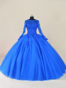 Fantastic Royal Blue Long Sleeves Floor Length Lace and Appliques Zipper Quinceanera Dresses