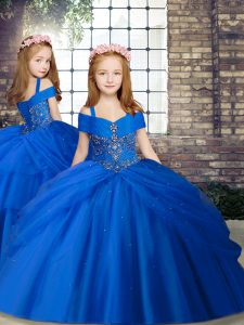 Royal Blue Chiffon Lace Up Straps Sleeveless Floor Length Little Girl Pageant Dress Beading