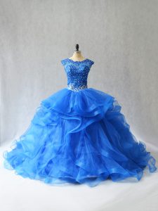 Beading and Lace Quinceanera Dress Royal Blue Lace Up Sleeveless Brush Train