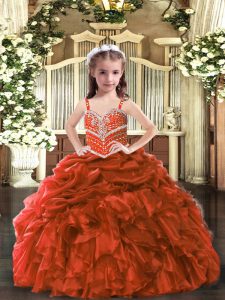 Fantastic Floor Length Rust Red Little Girls Pageant Gowns Organza Sleeveless Beading and Ruffles