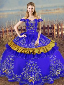 Blue Ball Gowns Off The Shoulder Sleeveless Satin Floor Length Lace Up Embroidery Sweet 16 Quinceanera Dress