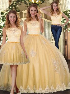 Deluxe Gold Scoop Clasp Handle Lace and Appliques Quinceanera Gown Sleeveless