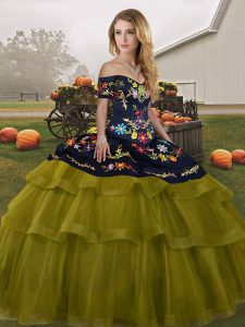 Olive Green Tulle Lace Up Sweet 16 Dresses Sleeveless Brush Train Embroidery and Ruffled Layers